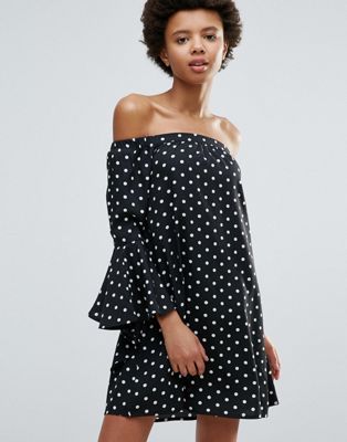 black and white polka dot bardot dress