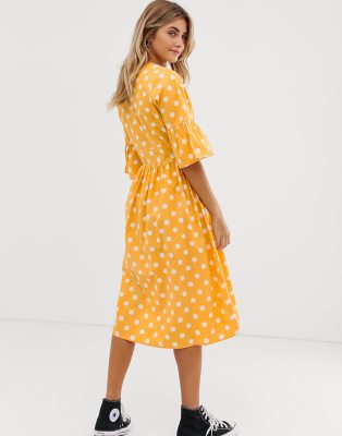yellow polka dot midi dress