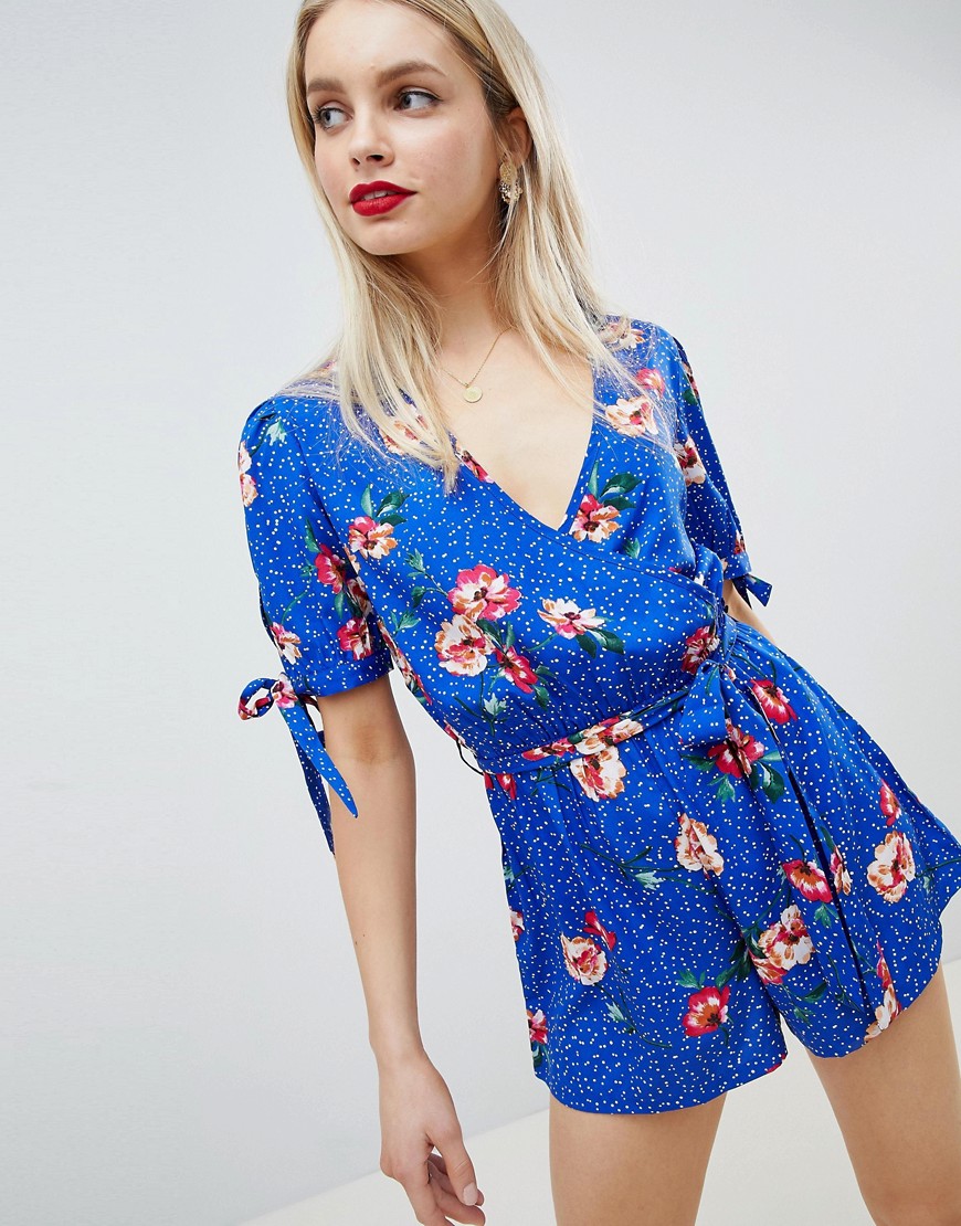 Influence Polka Dot & Floral Romper With Tie Sleeves-Blue
