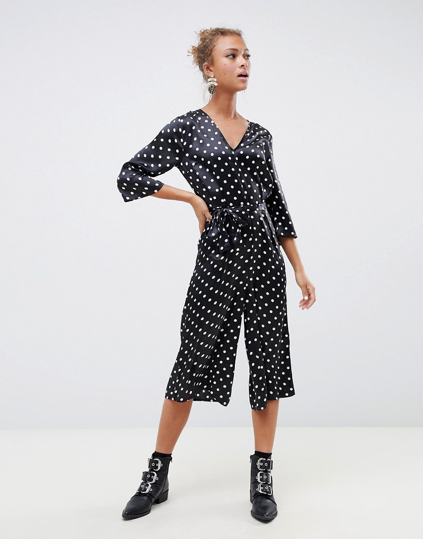 Influence polka dot satin print jumpsuit with tie waist-Black