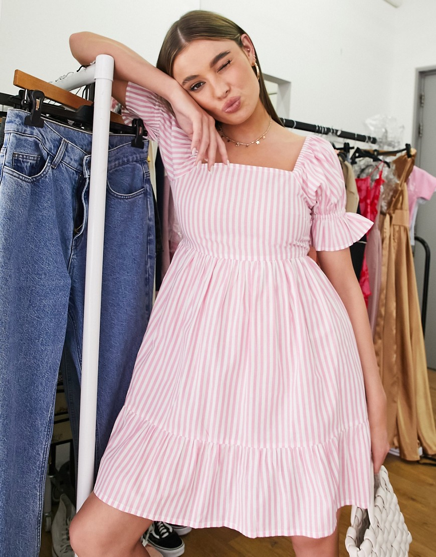 Influence poplin milkmaid mini dress in pink stripe
