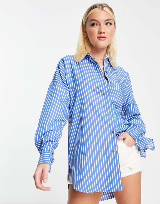 Influence - Poplin overhemd in blauw met strepen