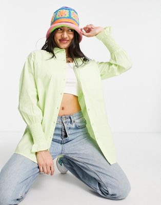 Influence poplin shirt with gathered sleeve in green - ASOS Price Checker