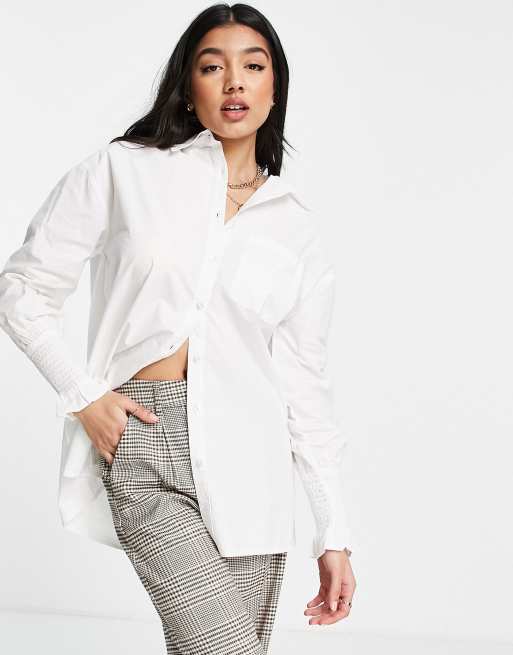 Influence poplin shirt with gathered sleeve in white | ASOS