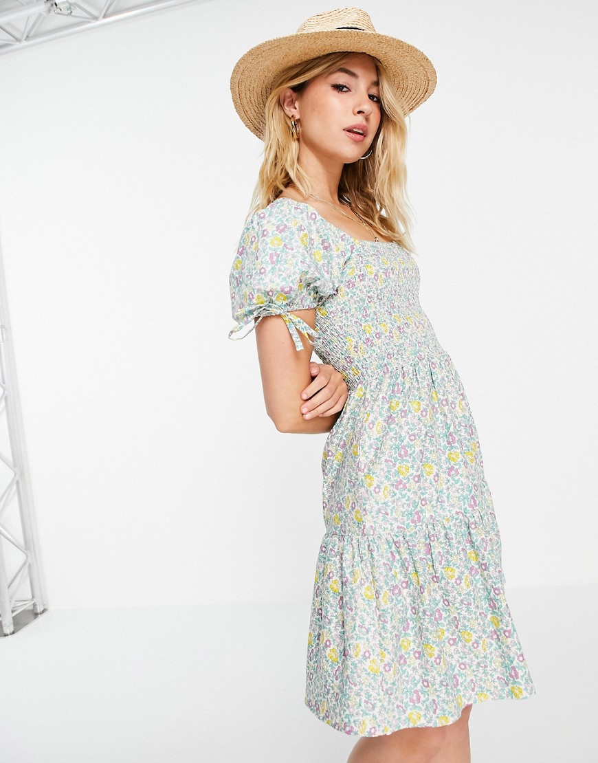 Influence printed cotton smock dress in floral print-Green