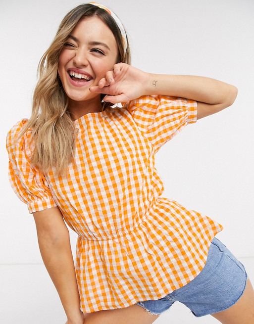 Influence puff sleeve blouse in yellow gingham