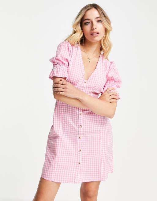 Influence puff sleeve button down mini dress in pink gingham