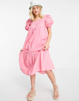 Influence puff sleeve cotton poplin midi dress in pink | ASOS