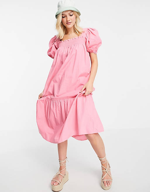 Influence puff sleeve cotton poplin midi dress in pink