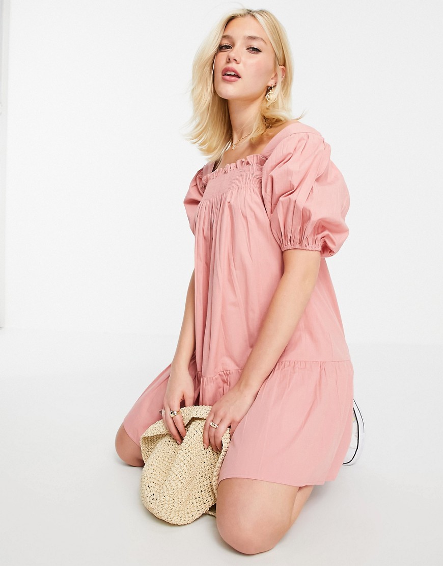 Influence puff sleeve cotton poplin mini dress in pink-Orange