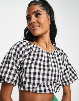 Influence puff sleeve crop top co-ord in monochrome gingham