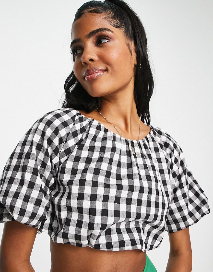 Influence puff sleeve crop top co-ord in monochrome gingham-Multi