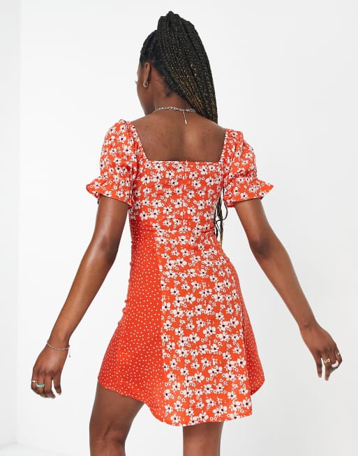 Influence puff sleeve front tie mini dress in mixed red floral, 2 of 4