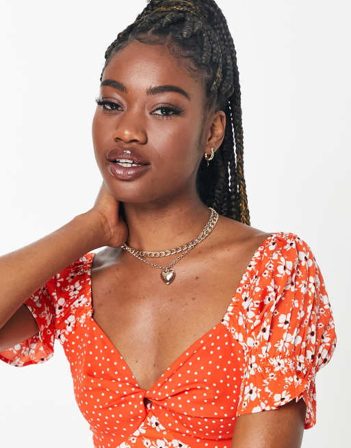 Influence puff sleeve front tie mini dress in mixed red floral, 3 of 4