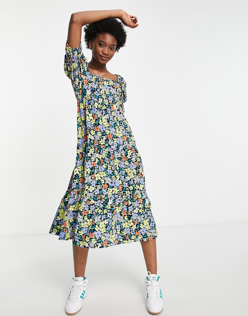 Influence puff sleeve midi dress in bold floral print-Multi