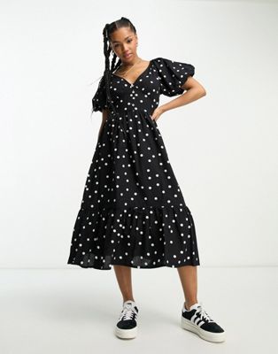 Influence puff sleeve midi dress in monochrome polka dot