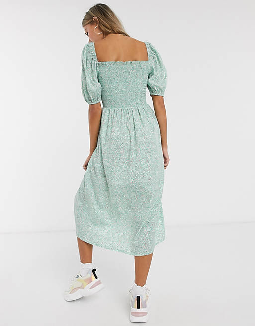 Influence puff sleeve midi dress with shirring in mint retro floral