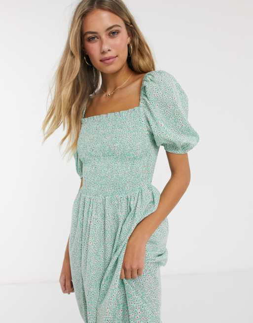 Influence puff sleeve midi dress with shirring in mint retro floral