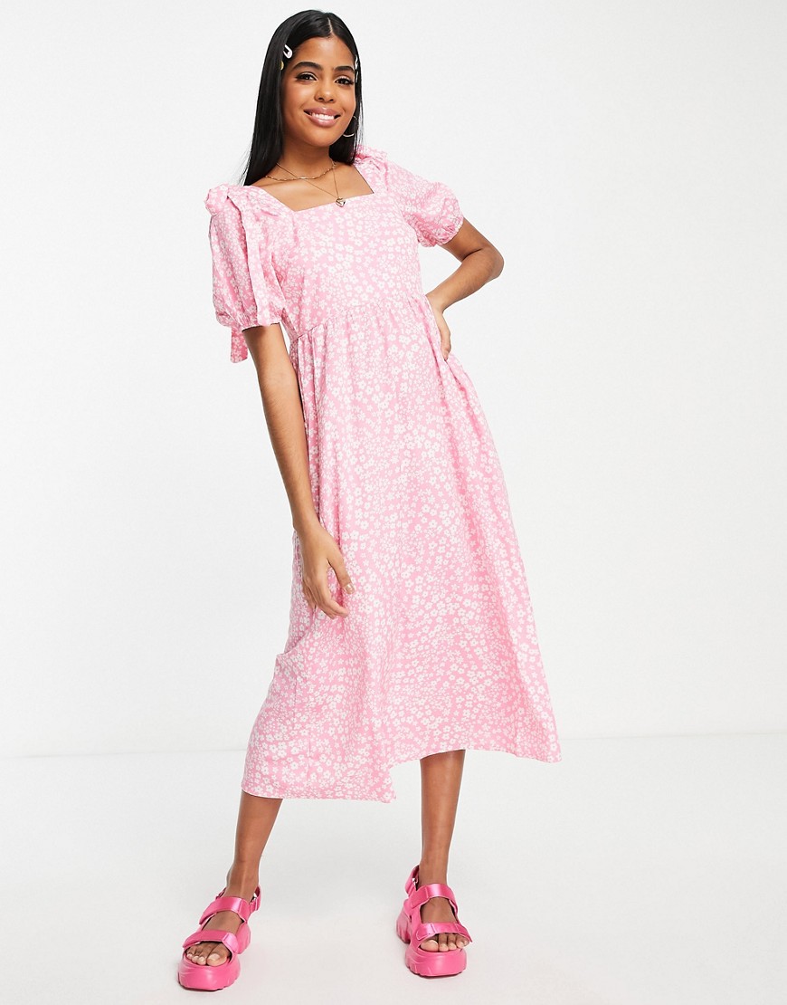 Influence puff sleeve midi dress with shoulder tie detail in pink ditsy floral