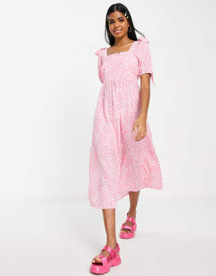 Influence puff sleeve midi dress with shoulder tie detail in pink ditsy  floral | ASOS