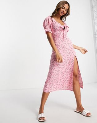 Influence puff sleeve midi tea dress in pink floral print - ASOS Price Checker