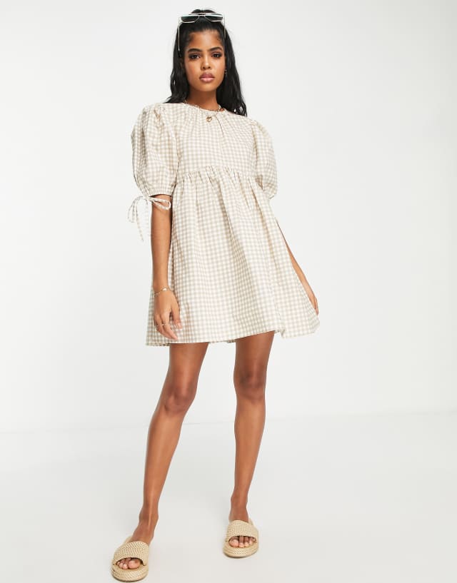 Influence puff sleeve mini dress in beige gingham