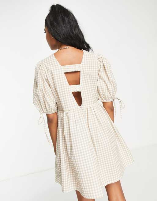 Influence puff sleeve mini dress in beige gingham