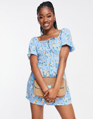Influence puff sleeve playsuit in blue floral print