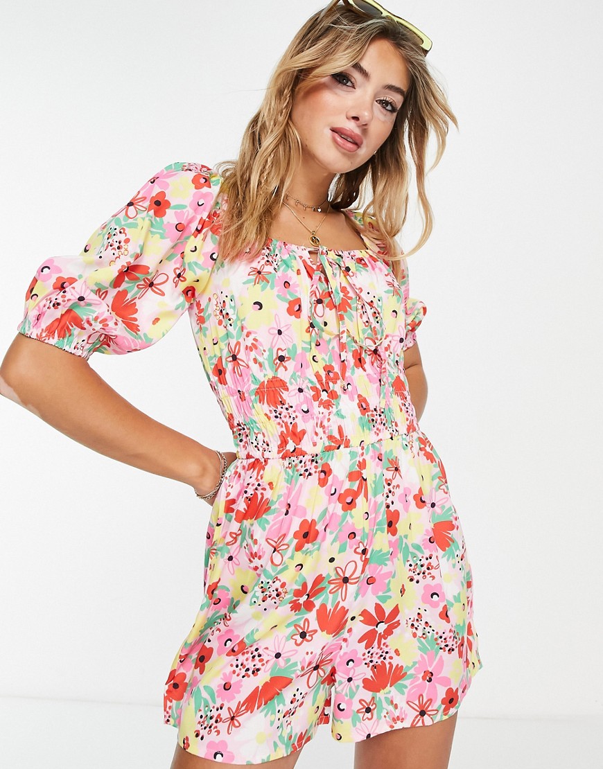 Influence puff sleeve playsuit in pink floral print-Multi