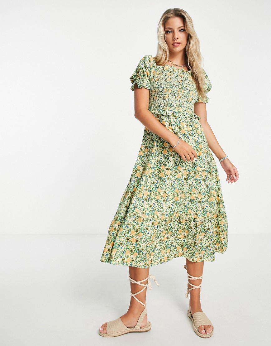 Influence puff sleeve shirred midi dress in multi floral