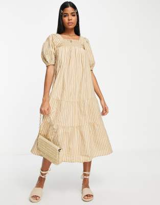 Influence Influence puff sleeve smock midi dress in brown stripe-Neutral