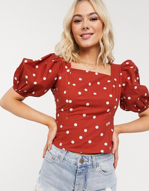 Influence puff sleeve square neck crop top in rust polka dot