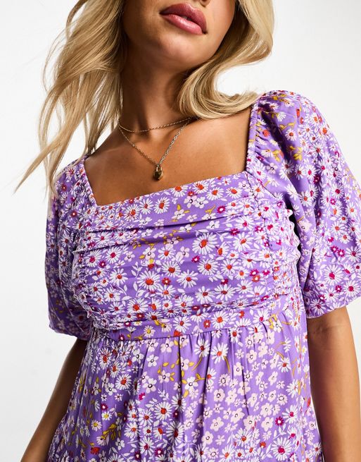 Influence puff sleeve square neck midi dress in purple floral
