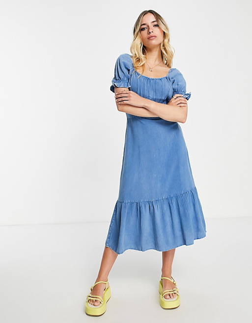 Influence puff sleeve square neck tiered midi dress in blue chambray