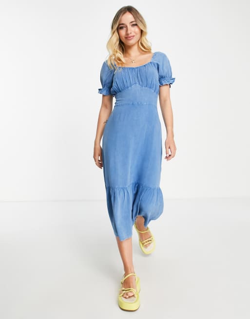 Influence puff sleeve square neck tiered midi dress in blue chambray