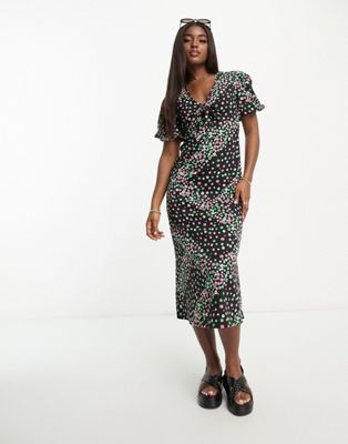 Influence puff sleeve tie front midi dress in linear floral print