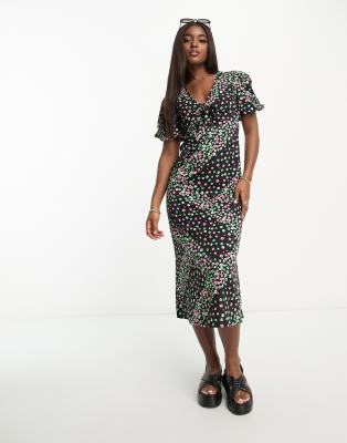 Influence puff sleeve tie front midi dress in linear floral print-Multi