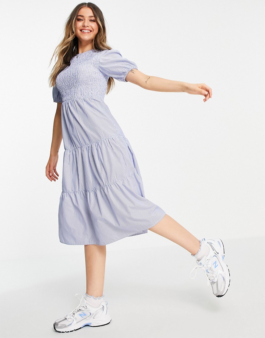 Influence puff sleeve tiered midi dress in blue and white stripe-Blues