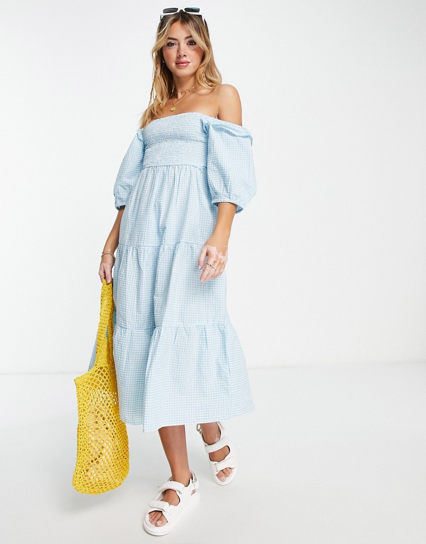 Influence puff sleeve tiered midi dress in blue gingham