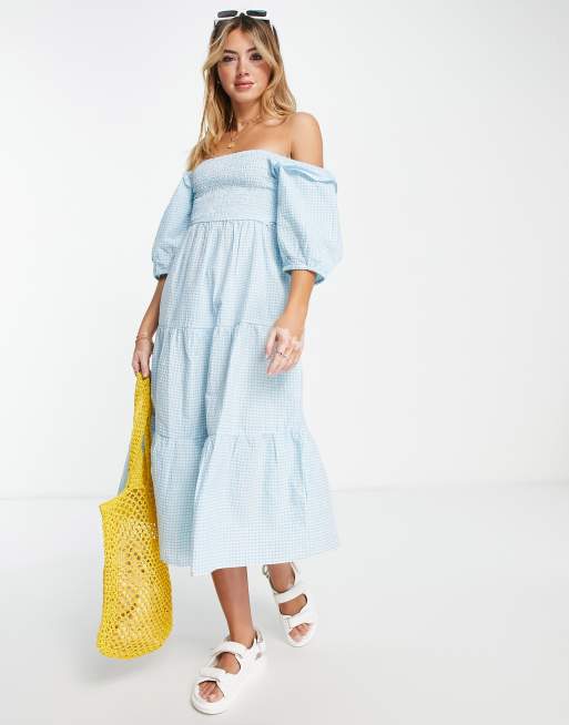 Influence Puff Sleeve Tiered Midi Dress In Blue Gingham Asos