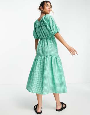 green gingham puff sleeve tiered midi dress