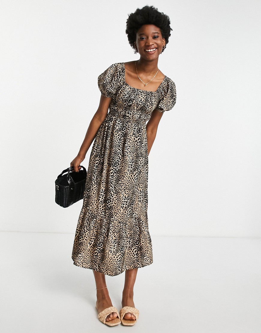 Influence puff sleeve tiered midi dress in leopard print-Multi
