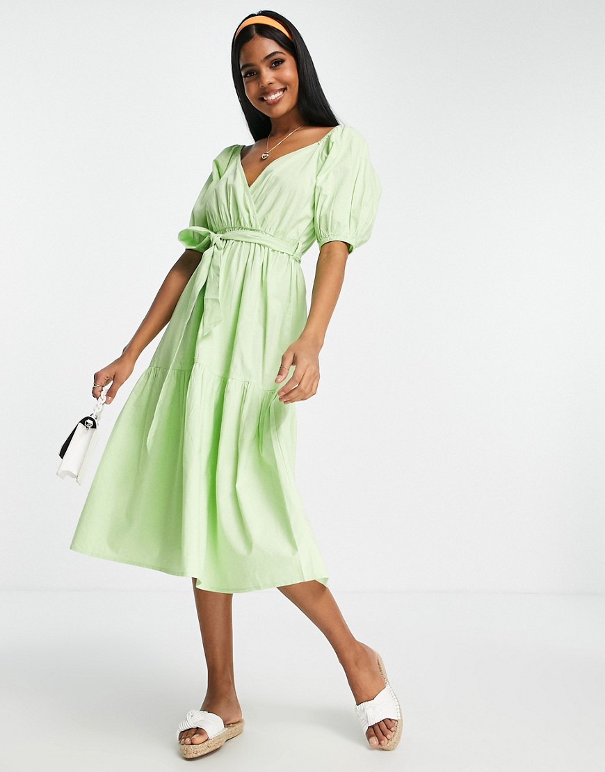 Influence puff sleeve tiered midi dress in lime green