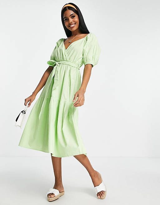 Influence puff sleeve tiered midi dress in lime green | ASOS