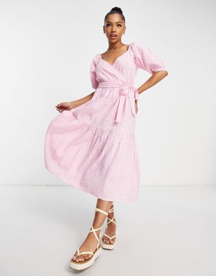 Influence puff sleeve tiered midi dress in pink gingham - ASOS Price Checker