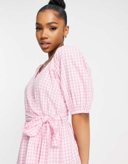 Influence puff sleeve tiered midi dress in pink gingham