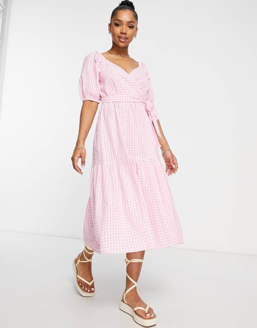 Influence puff sleeve tiered midi dress in pink gingham