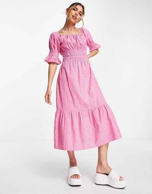 Influence puff sleeve tiered midi dress pink polka dot | ASOS