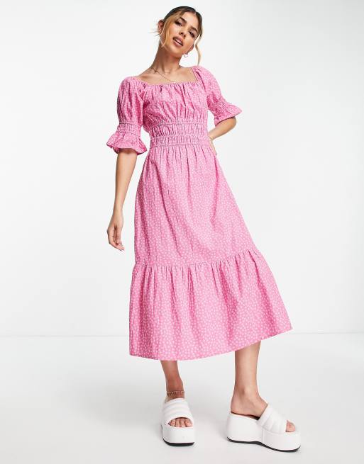 Influence puff sleeve tiered midi dress in pink gingham