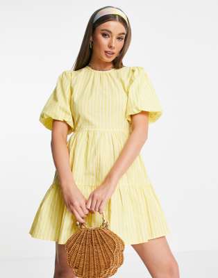 Influence puff sleeve tiered mini dress with open back in yellow | ASOS